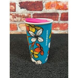 Starbucks 12 Oz Floral Ceramic Travel Mug With Pink Lid